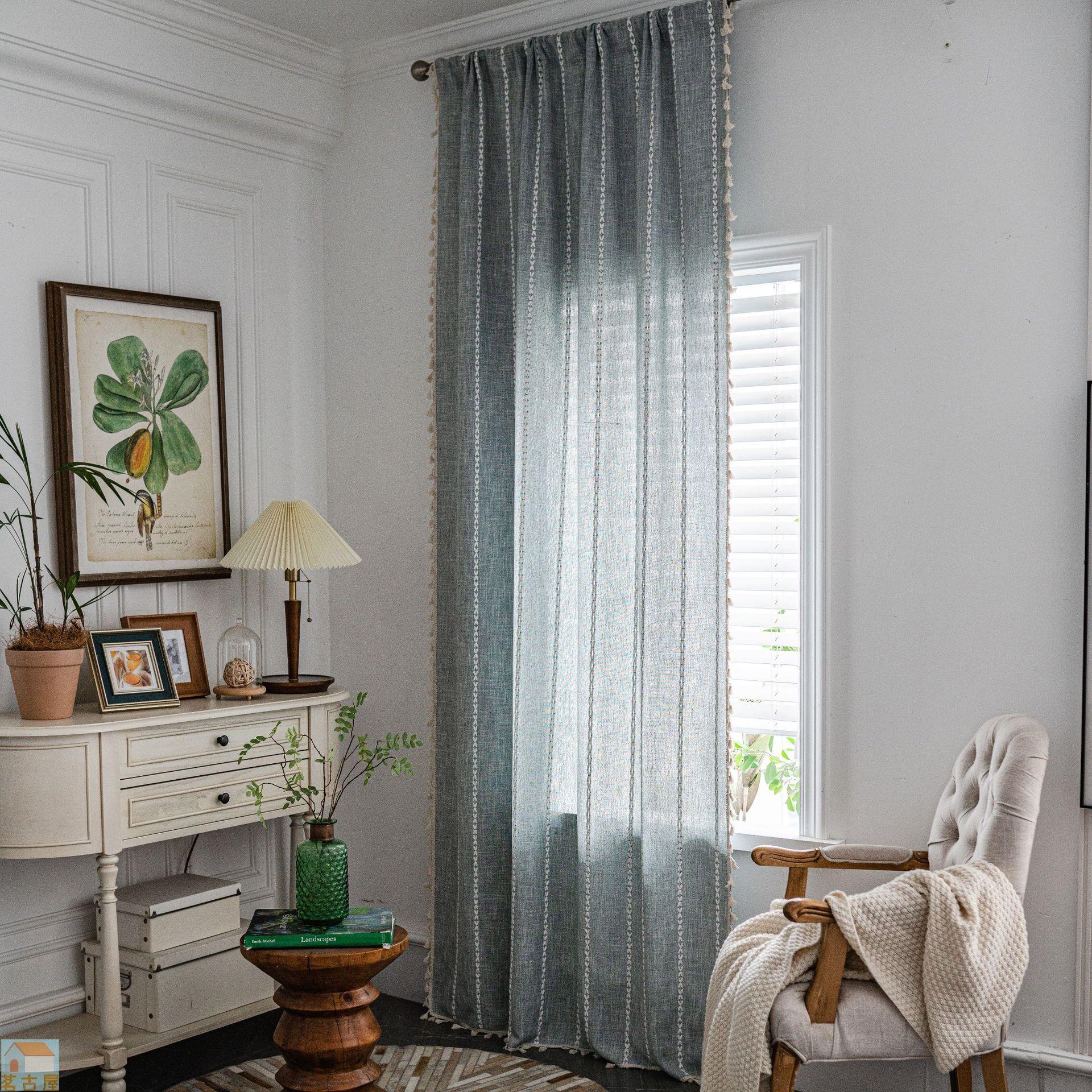 窗簾成品素色條紋繡花窗簾半遮光窗簾農舍廚房客廳窗幔