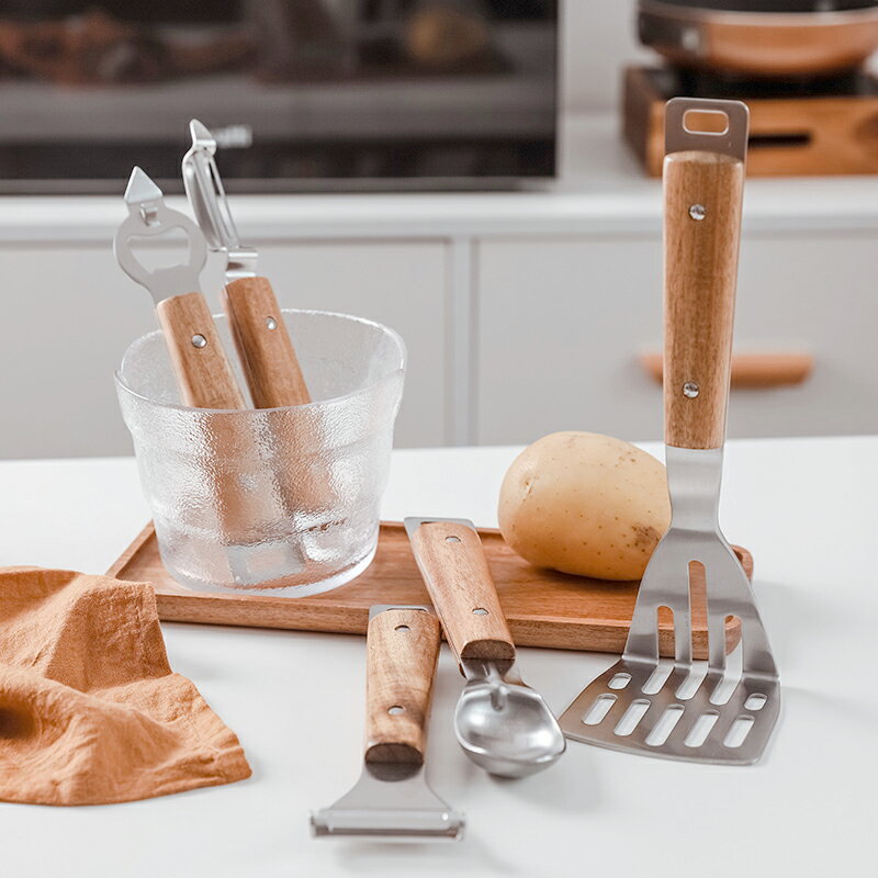 愛加多功能廚房不銹鋼木柄工具套裝削皮器開瓶器壓土豆泥起挖泥器