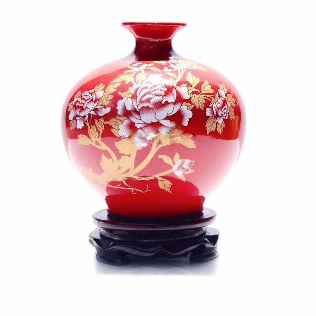 中國紅花瓶 景德鎮陶瓷器裝飾品現代家居工藝擺件花瓶 紅色石榴瓶1入