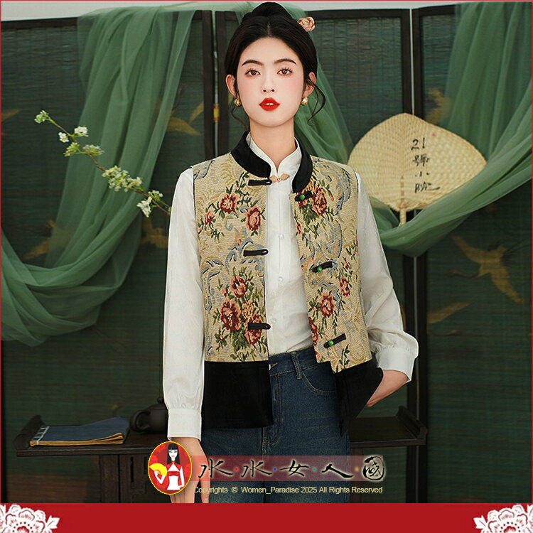 新中式小圓領復古盤扣國潮民族風重工刺繡上衣馬甲開衫女外套｜花眷戀｜水水女人國