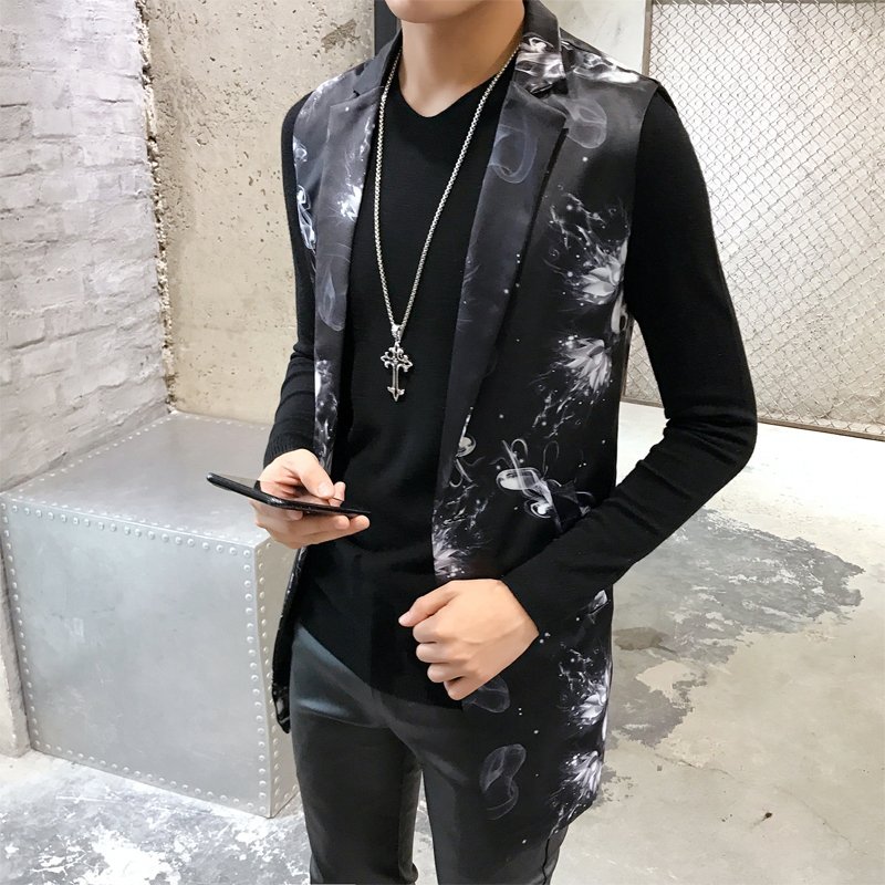FINDSENSE品牌 秋冬季 新款 日本 男 高端 休閒 個性印花 修身 開衫 黑色馬甲外套 潮流上衣馬甲