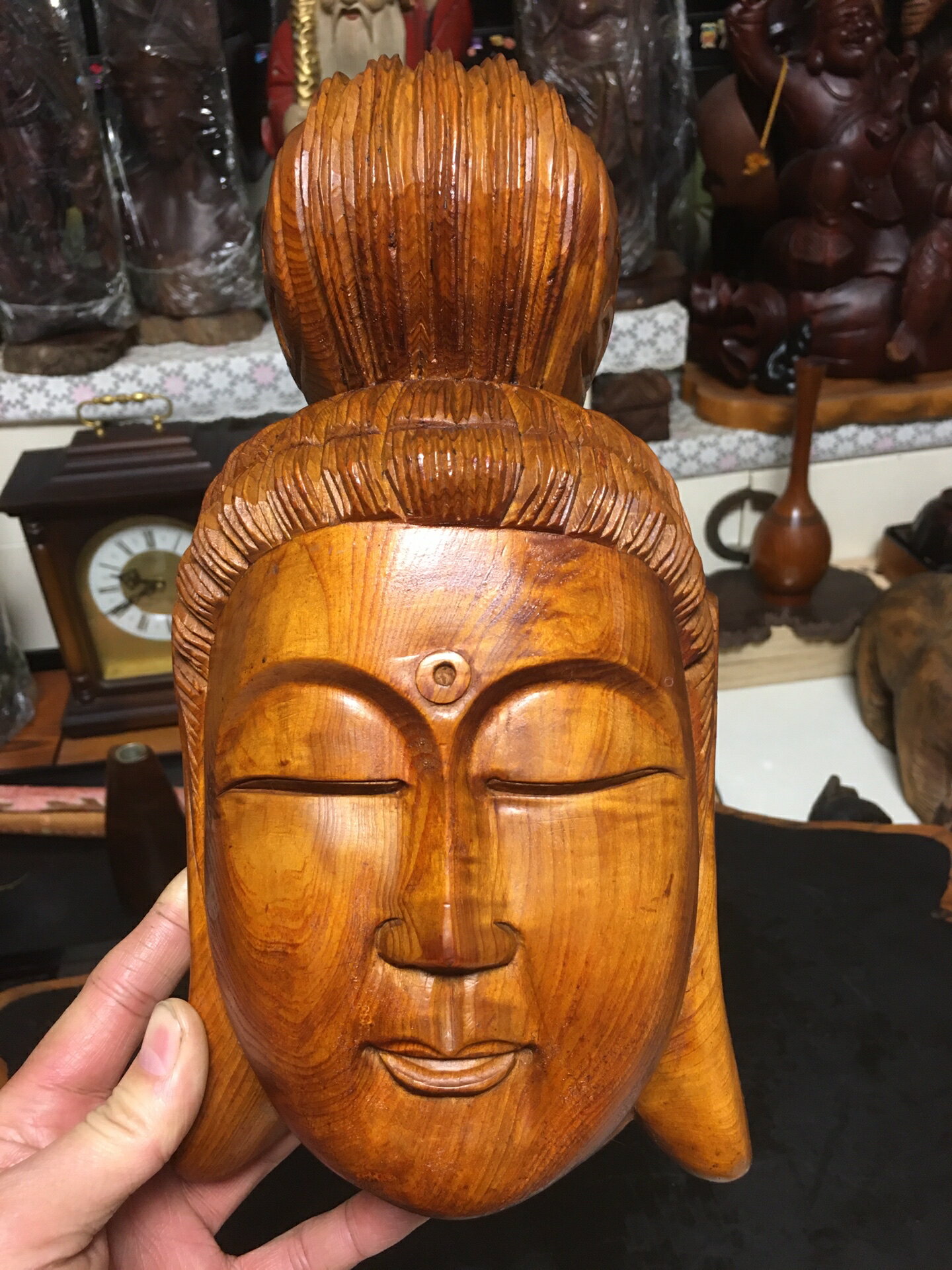 日本回流木雕擺飾，一木雕觀音面具，純手工雕刻，品相好，未見明
