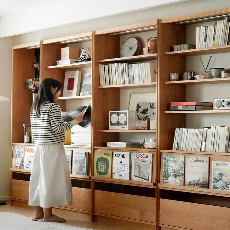 【免運】美雅閣| 北歐實木書櫃客廳整墻組合櫃日式櫻桃木落地書櫥書架展示櫃置物架