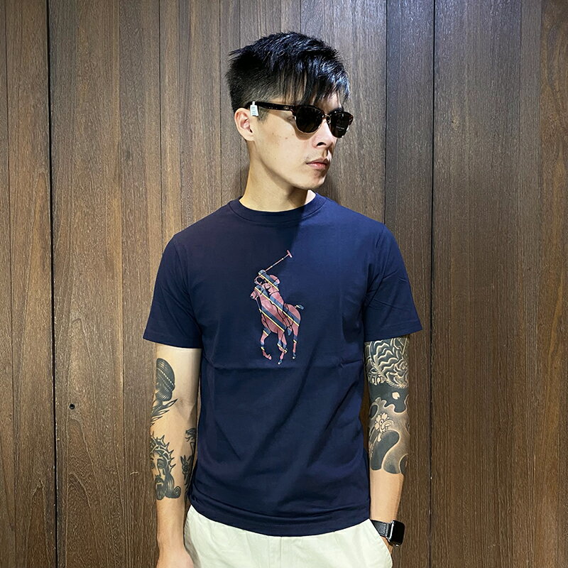 美國百分百【全新真品】Ralph Lauren 短袖 棉質 T恤 RL T-shirt 斜紋大馬 深藍 CA43