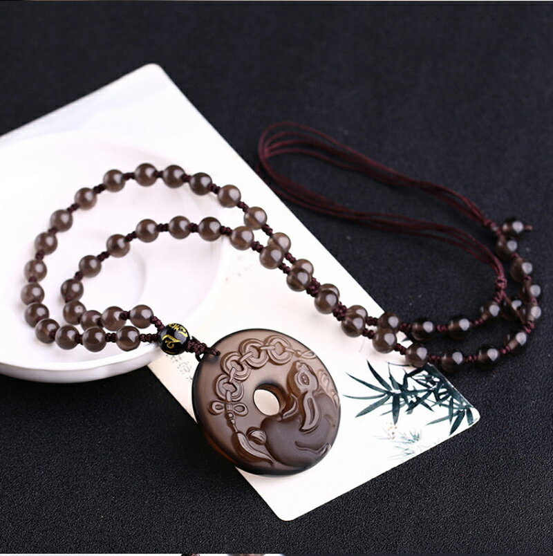 天然冰種黑曜石屬兔人年吉祥物吊墜鴻兔賜寶項墜項鏈 1