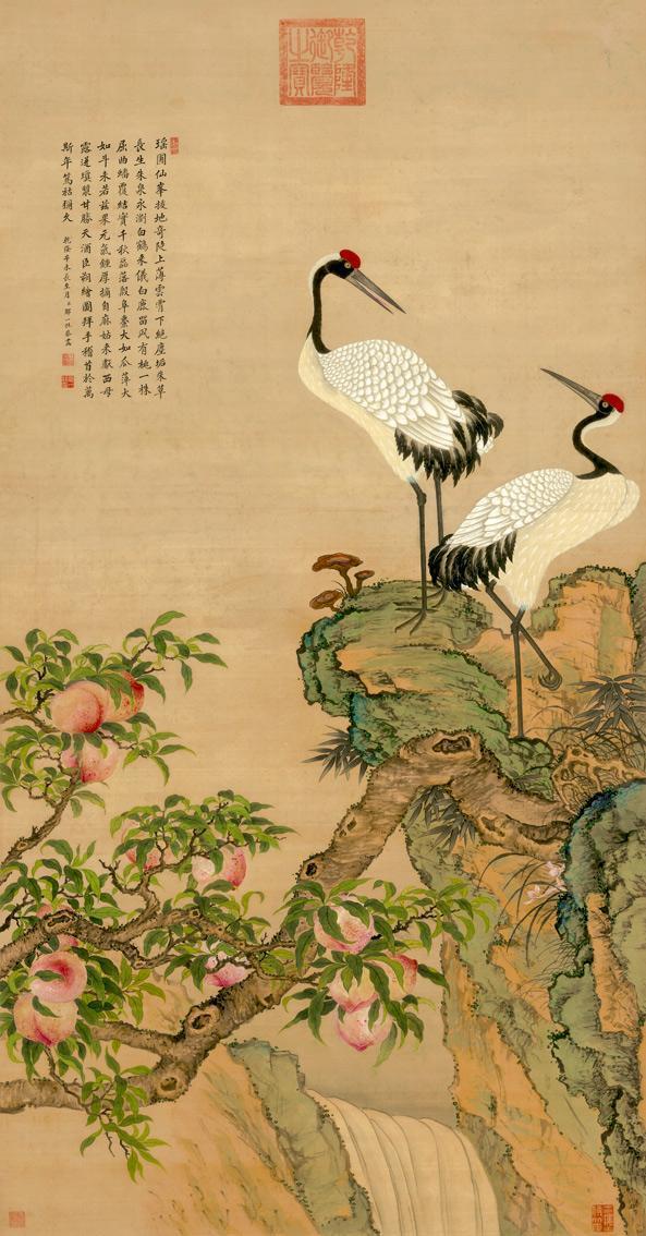 仿古畫名畫復製品清沈銓蟠桃雙鶴圖60-114釐米名人字畫