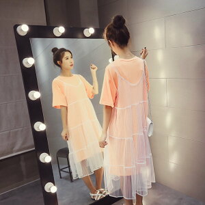 FINDSENSE G5 韓國時尚 套裝 中長款 純色 短袖 T恤 兩件套 網紗 吊帶 連身裙