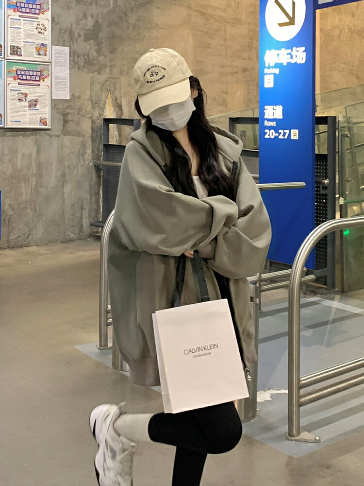 秋季衛衣外套女春秋加絨加厚新款oversize中長款寬松連帽開衫