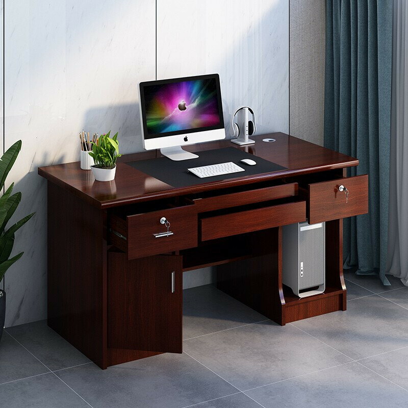 油漆面電腦桌1.2米實木貼皮單人辦公桌帶抽屜老板桌國企財務桌椅