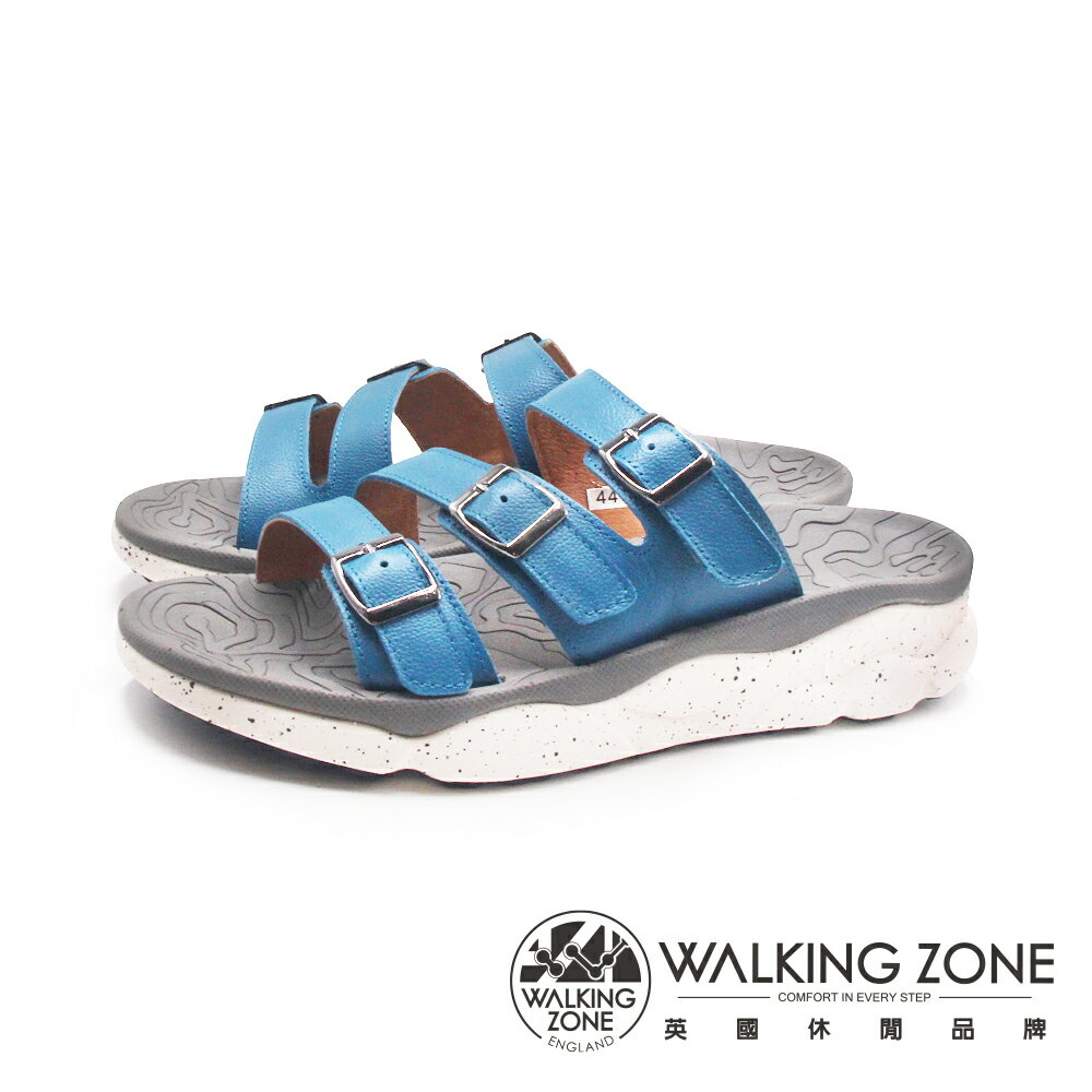 WALKING ZONE(男)三帶皮釦增高厚底拖鞋 男鞋-亮藍色