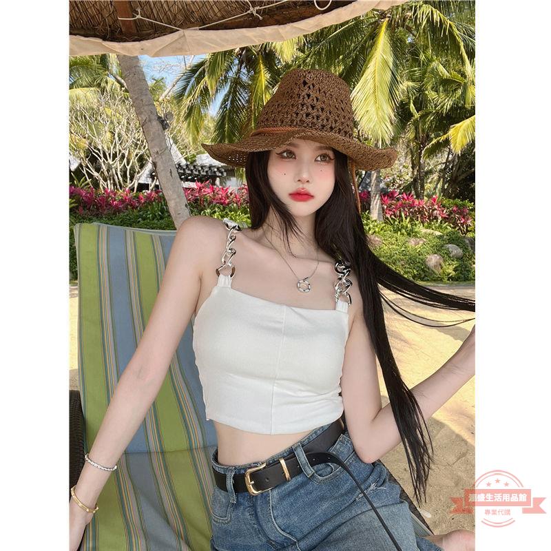 甜辣妹重工鏈條小吊帶背心女夏季純欲性感緊身內搭上衣外穿打底衫