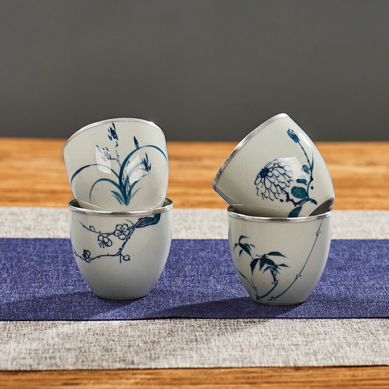 創意陶瓷茶杯手繪青花純銀銀口茶杯品茗杯單個主人杯功夫茶具茶盞 1