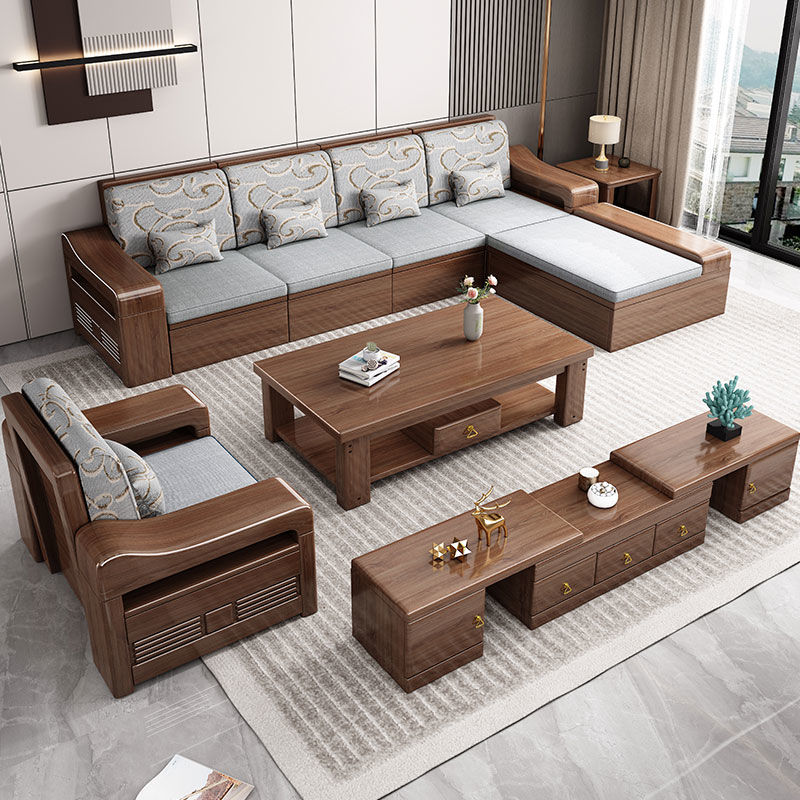 金絲胡桃木現代中式全實木沙發組合貴妃可儲物冬夏兩用小戶型家具