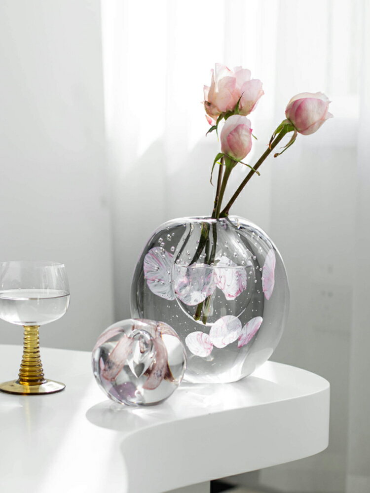 櫻花琉璃花瓶輕奢客廳插花大玻璃花器水晶球玄關擺件高級感ins風