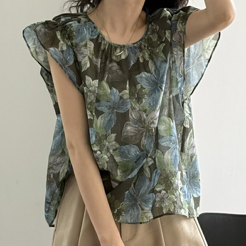 【米蘭精品】現貨+預購 法式寬鬆襯衫上衣短袖罩衫T恤大碼休閒女裝-碎花圓領女上衣74ma74