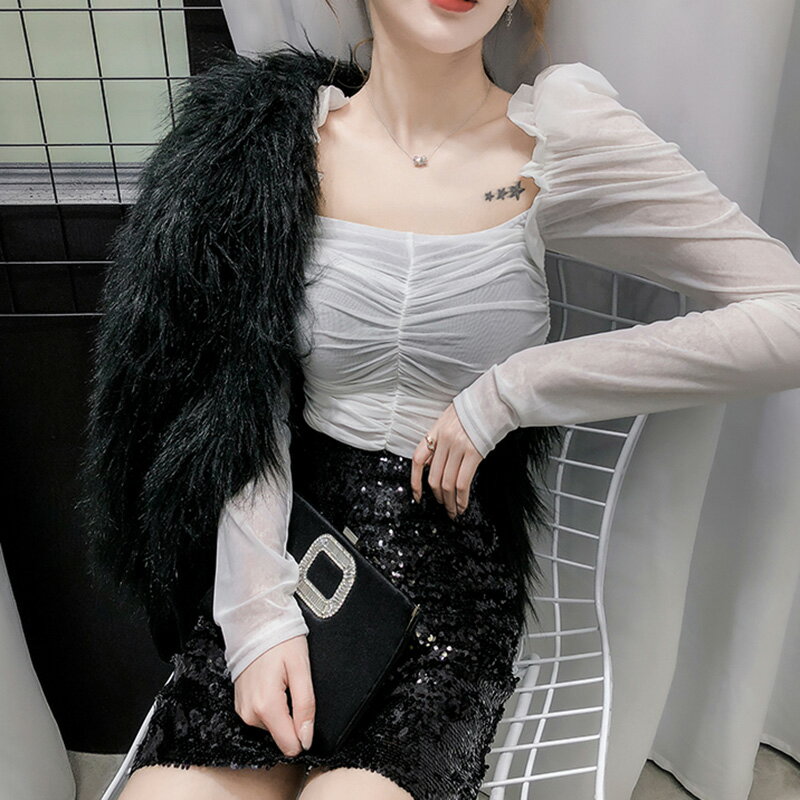 小個子新款洋氣蕾絲打底衫女2021年夏季時尚小衫長袖網紗鏤空上衣