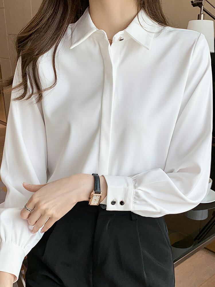秋冬2021年新款白色加絨襯衫女裝長袖韓版職業正裝緞面襯衣女上衣