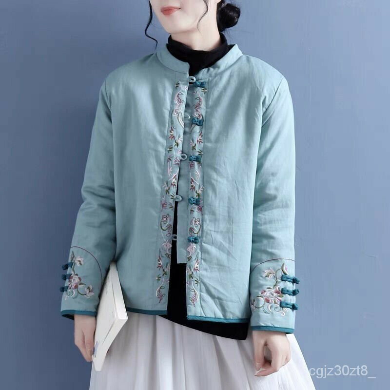 【45-80公斤】風服飾 秋冬季棉麻繡花棉服女 風長袖外套女 複古盤扣立領對襟棉衣中式厚外套棉服 TVMP