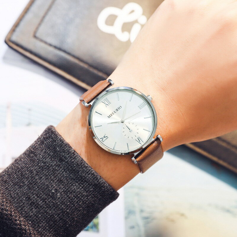 年新款時尚流行簡約手表男士皮帶超薄手表男休閑大表盤手表