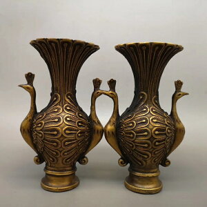 古玩新款黃銅 純銅精工孔雀尊賞瓶一對 客廳博古裝飾老物件收藏