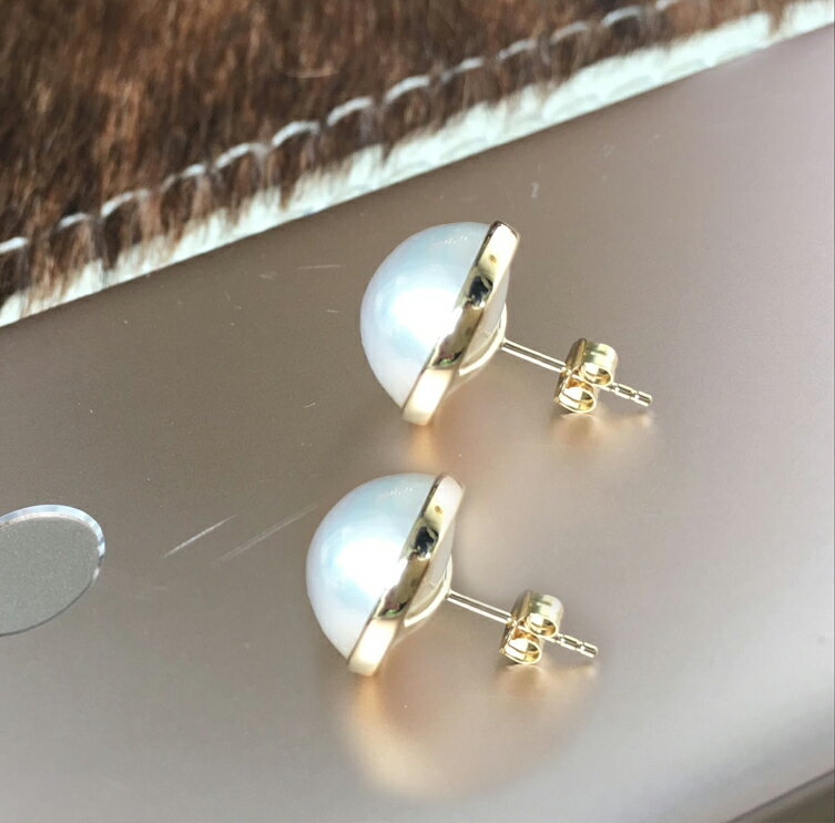 天然馬貝珍珠耳釘18K金5A鏡面炫彩無瑕進口馬貝耳環女 3