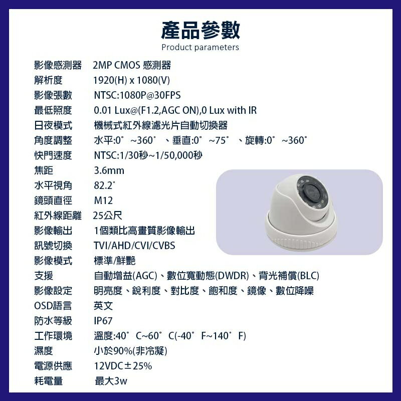 【球型 監視器】 1080P 鏡頭 AHD TVI CVI 四合一 攝影機 防水 紅外線夜視 現貨含稅開發票 2