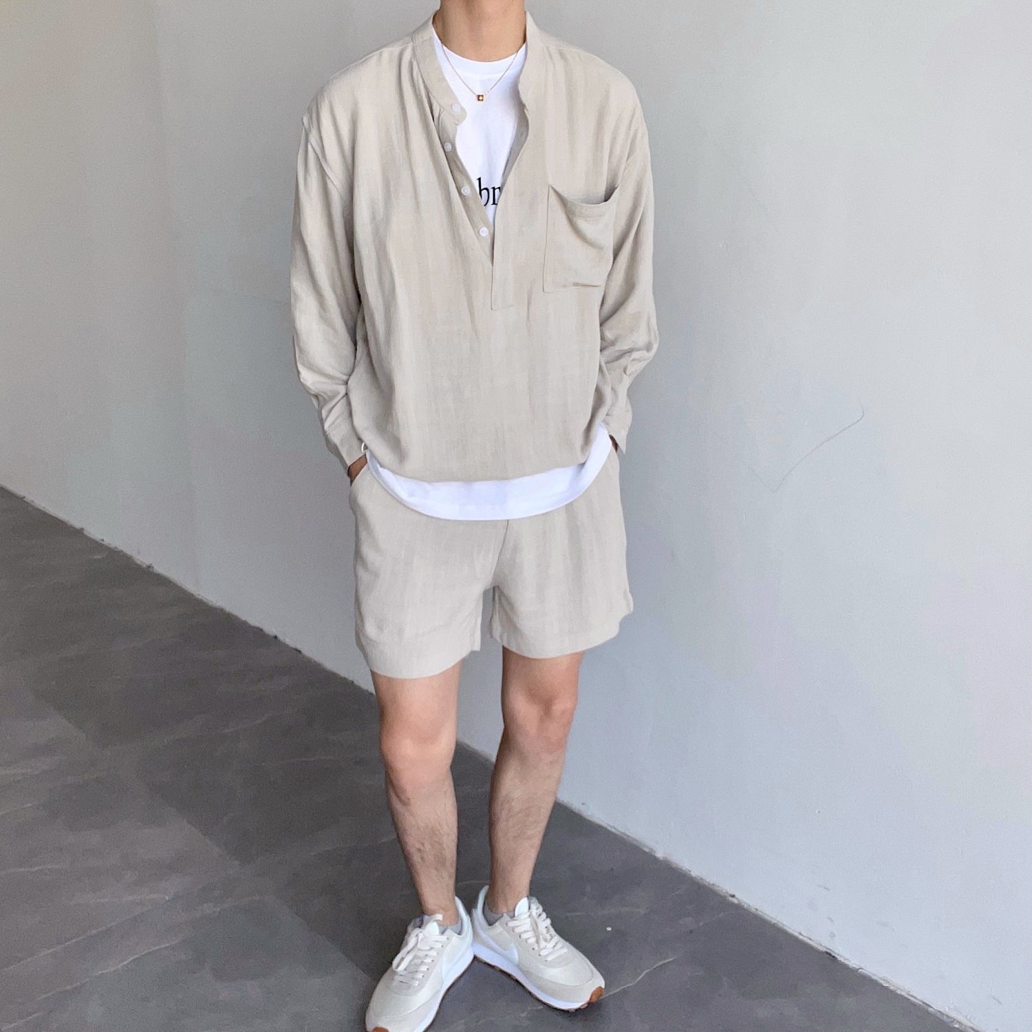 2024春夏季新款休閑高階簡約時尚疊穿情侶款全套上衣短褲套裝男—貼心服飾