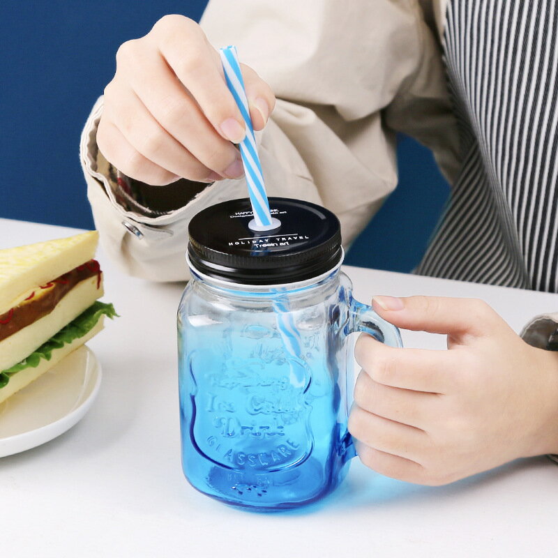 創意漸變彩色梅森杯帶蓋透明公雞杯夏季吸管玻璃水杯喝水杯家用