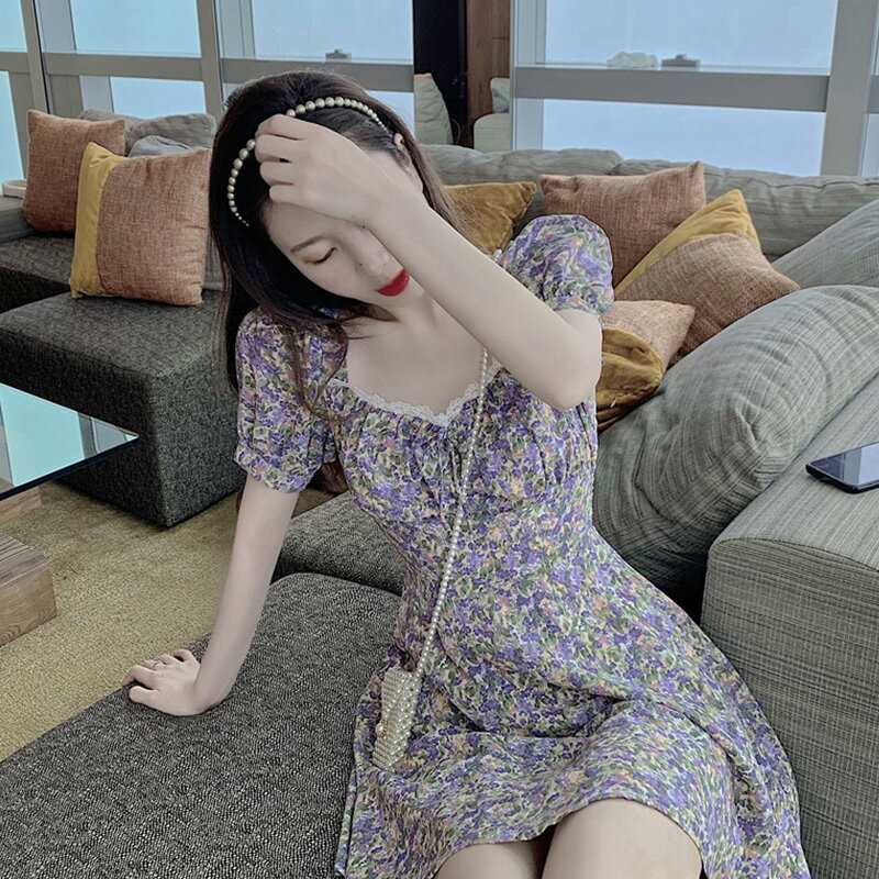 法式復古夢幻紫少女油畫桔梗碎花花邊大方領休閑連衣裙女夏2022年