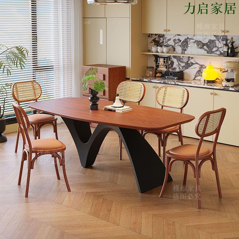 中式復古實木餐桌家用下戶型西餐桌長方長方形飯桌靠墻半島餐桌椅