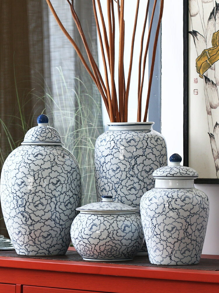 新中式青花瓷手繪陶瓷花瓶 景德鎮牡丹紋細紋中式擺件