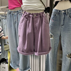 韓國夏裝夏季抽繩松緊高腰寬松闊腿牛仔短褲女中褲短褲