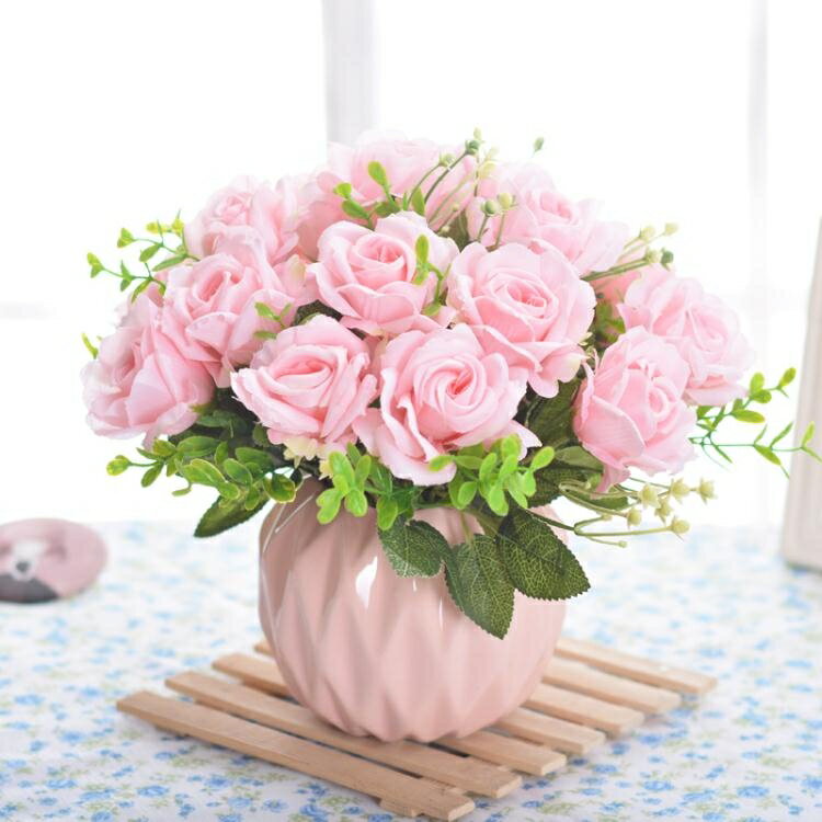 粉色花瓶仿真花擺件裝飾餐桌臥室擺放花藝家居飾品假花小盆栽擺設 樂樂百貨