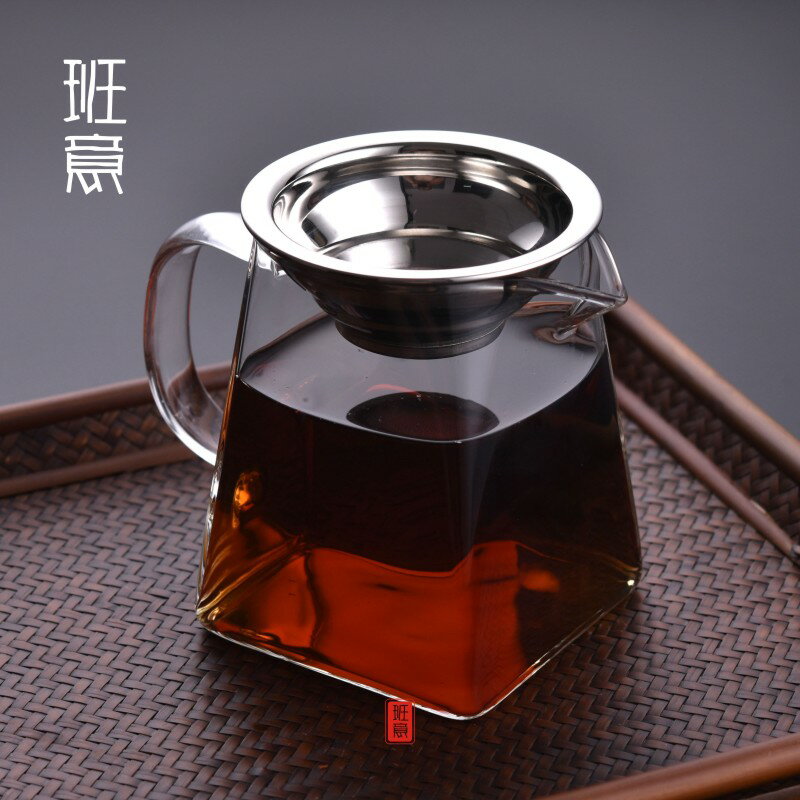 耐熱玻璃功夫茶具配件 加厚公道杯帶茶漏隔茶器 茶海四方公杯1入