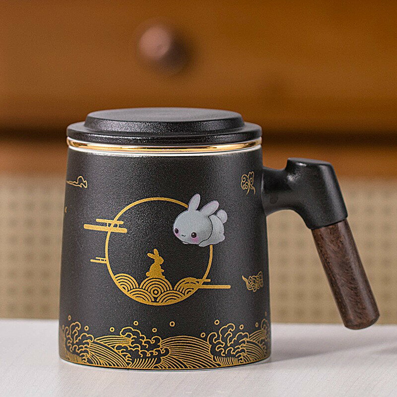 中秋玉兔陶瓷馬克杯茶水分離泡茶杯三件套辦公杯子印雕刻 0