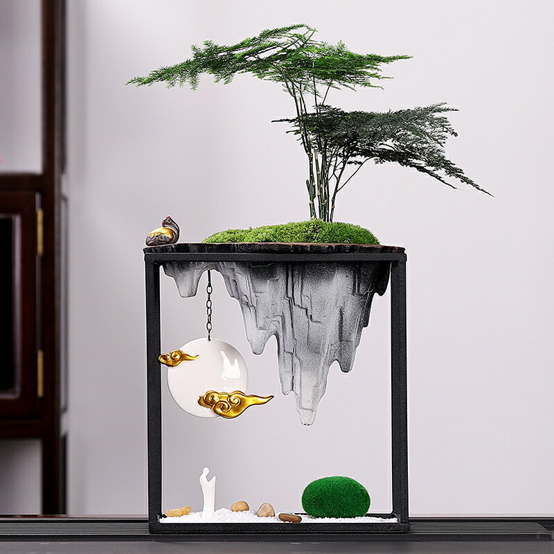 優樂悅~新中式客廳綠植盆栽擺件辦公室桌面文竹植物盆景假山酒櫃裝飾擺設
