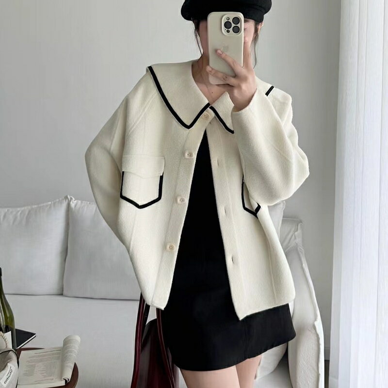 現貨+預購 針織外套長袖毛衣-翻領幾何邊氣質雙面呢針織女外套2色74jl82【獨家進口】【米蘭精品】 0