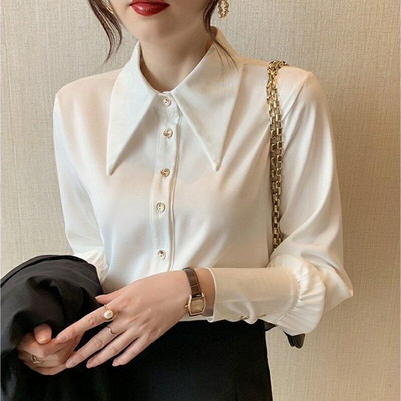 【巴黎精品】現貨+預購 襯衫長袖上衣-復古尖領純色通勤女上衣a1be92