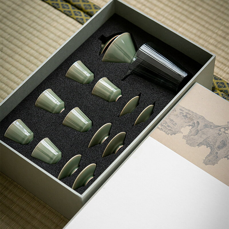 公司貨 免運 茶具套裝 茶杯 茶壺 茶具套裝禮盒 龍泉青瓷五行茶具套組 功夫茶具越窯描銀蓋碗仿燙泡茶套裝