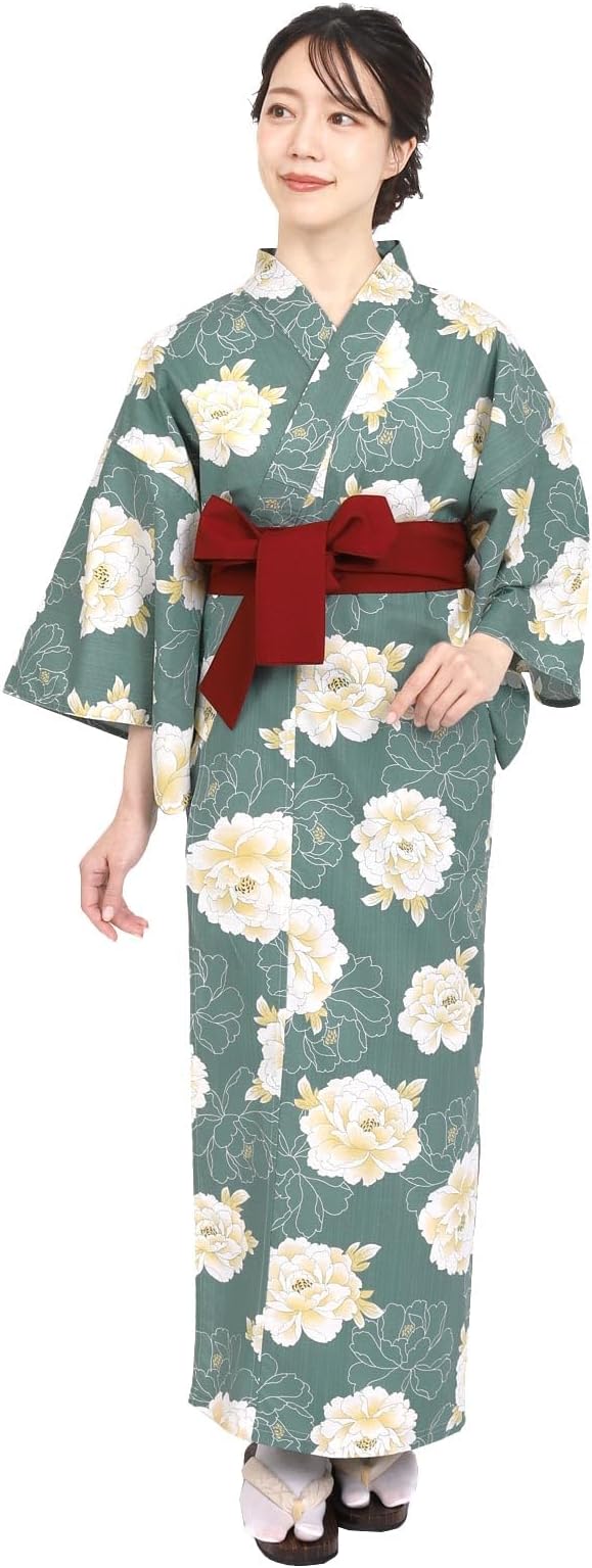 Fuuka【日本代購】旅館單品亞麻浴衣女士業務用溫泉 和式浴衣+束腰帶2件套-牡丹之詩