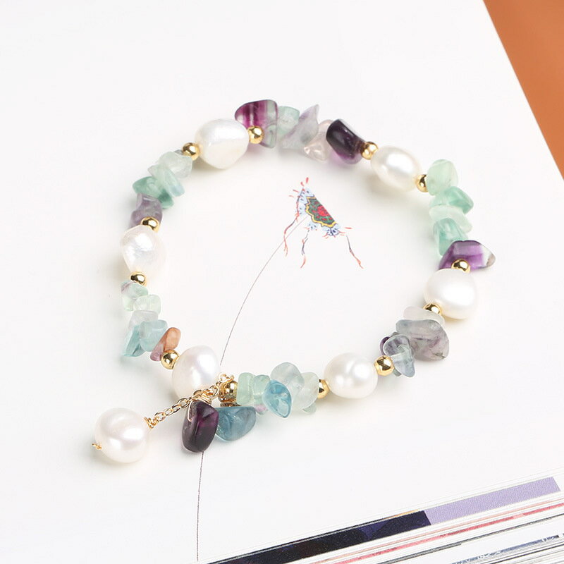 天然彩綠螢石珍珠手鏈 淡水珍珠手飾品歐美風14k包金直播貨源熱賣