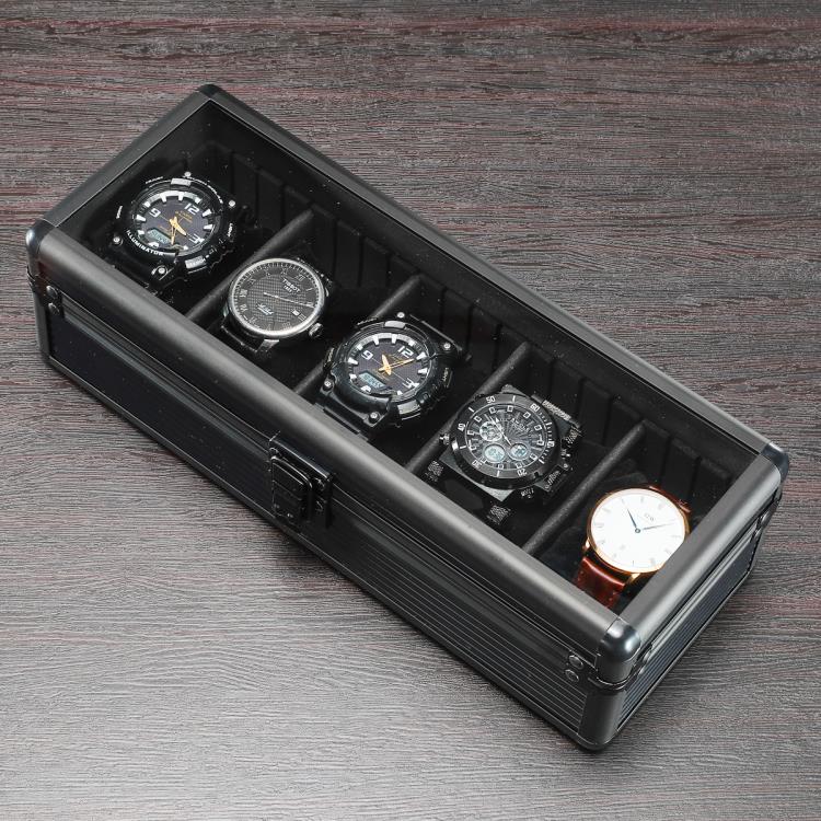 手錶收納盒啞黑手表收納盒5位透明玻璃蓋首飾盒金屬手表盒絨布表枕❀❀城市玩家