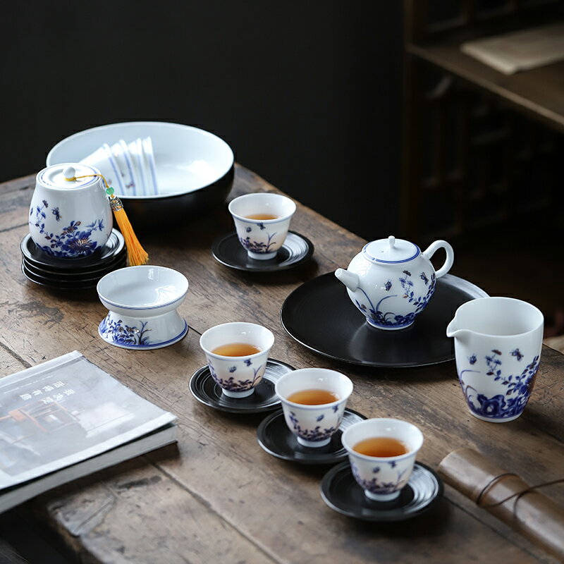 簡約青花瓷蓋碗茶杯套裝 陶瓷功夫茶具6人 整套家用茶壺茶盤禮盒