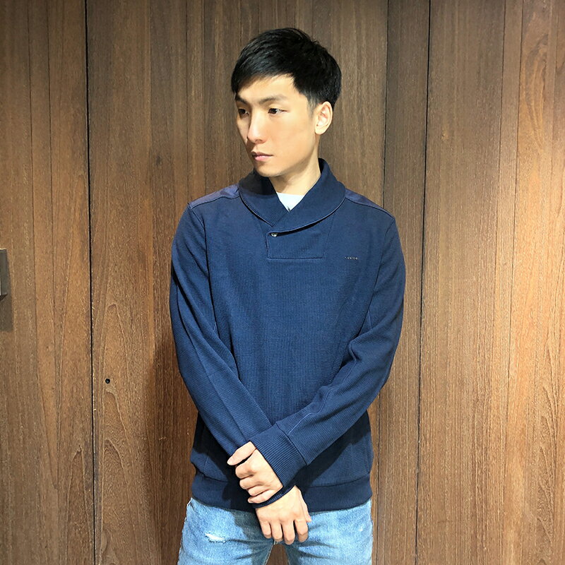 美國百分百【Calvin Klein 】針織衫 CK 線衫 半拉 長袖 特殊領 素面 logo 男 深藍 M號 A673
