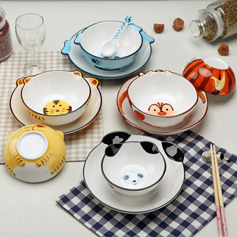 景德鎮碗碟套裝韓式創意簡約餐具兒童手繪可愛家用吃米飯碗4只裝
