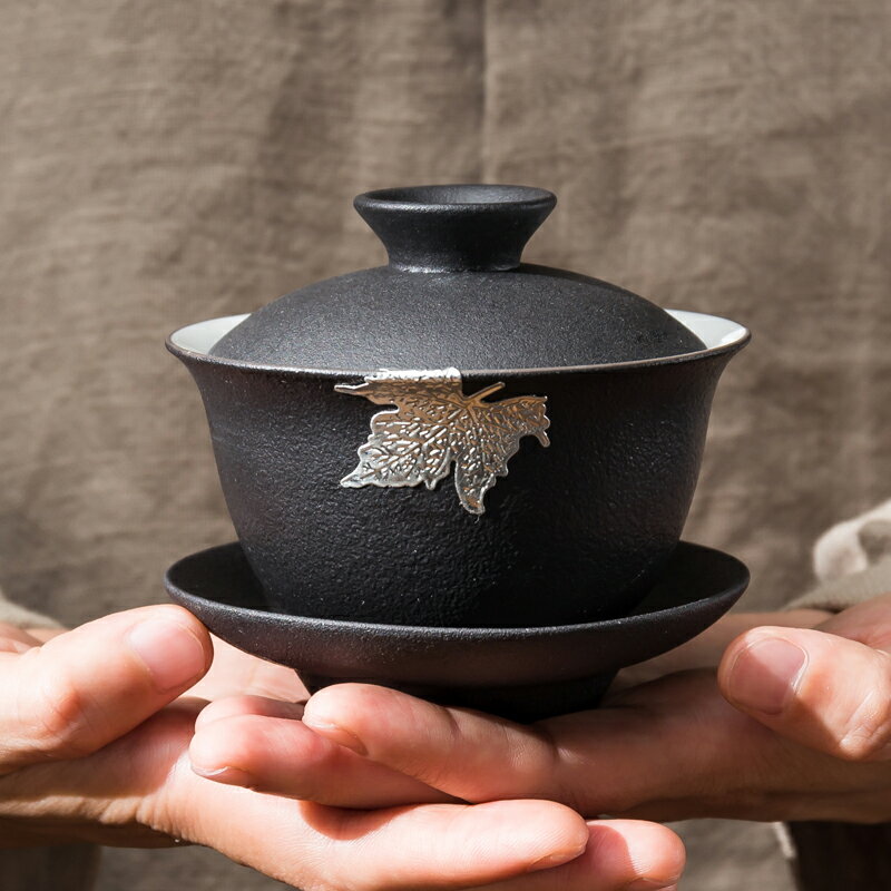日式復古禪風黑陶泡茶蓋碗三才蓋碗功夫茶具粗陶蓋碗茶杯家用茶碗