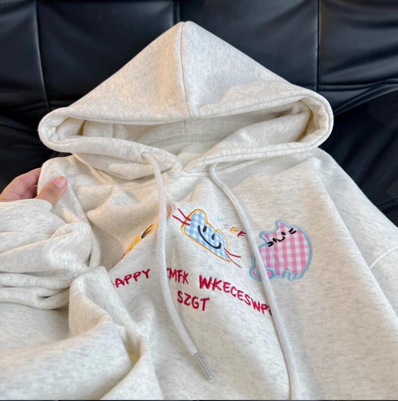 大學T刺繡格子貓咪~秋冬款加絨女士加絨加厚連帽衛衣女小個子韓版上衣【步行者戶外生活館】