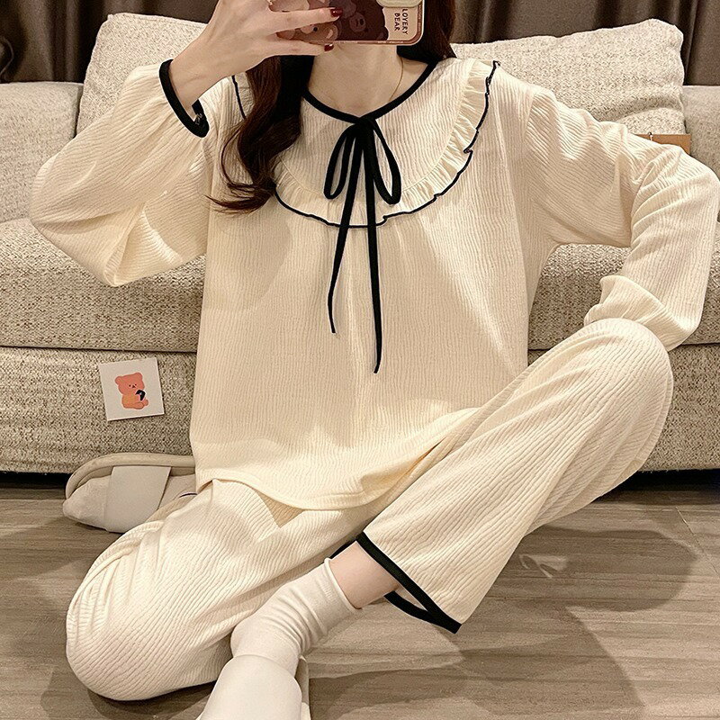 睡衣女提花棉質長袖春秋季韓版甜美純色簡約家居服可外穿薄款套裝