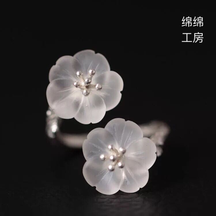 原創設計師款雨中花系列s925純銀鑲天然白水晶梨花開口戒指復古