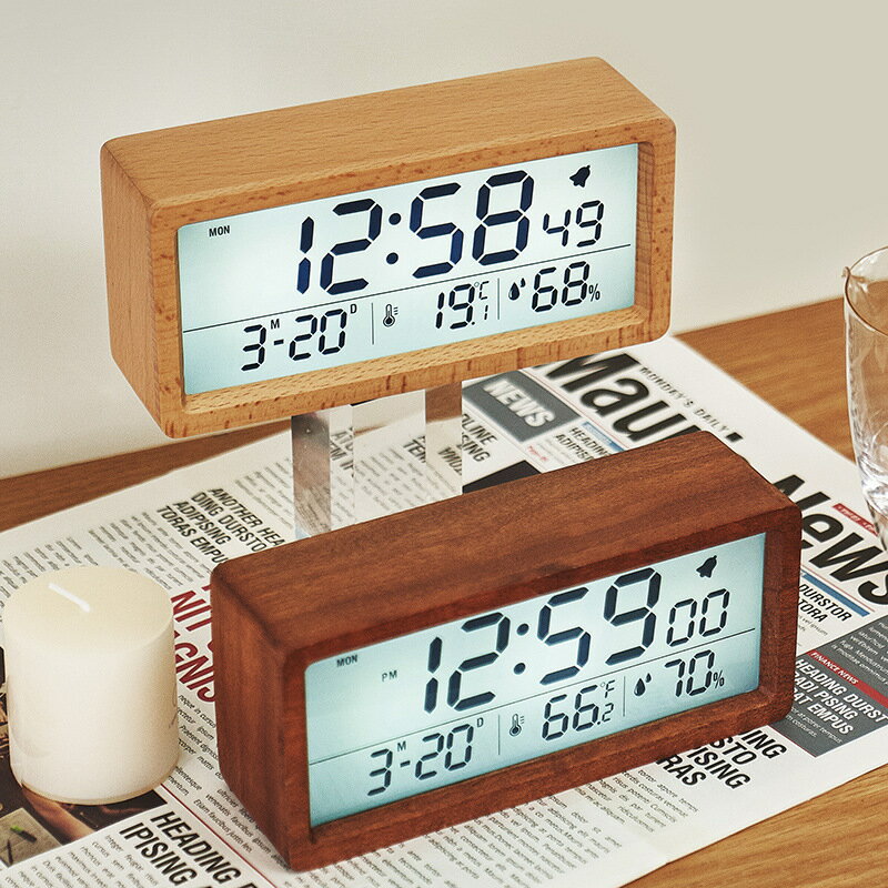 創意實木時鐘帶秒 LED多功能背光鬧鐘床頭桌面日歷溫濕度電子鐘表